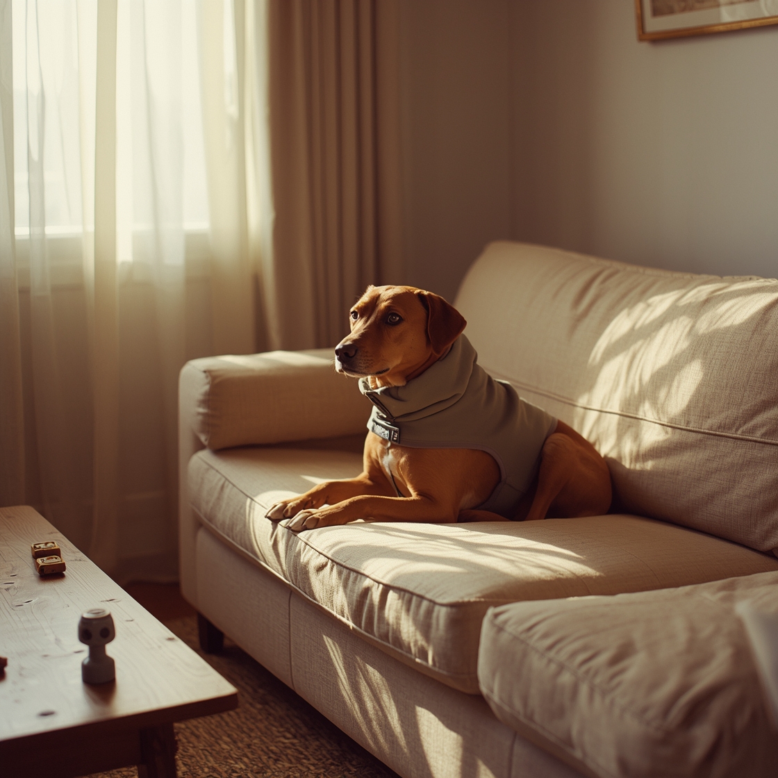 A calm dog wearing an anxiety jacket on a couch