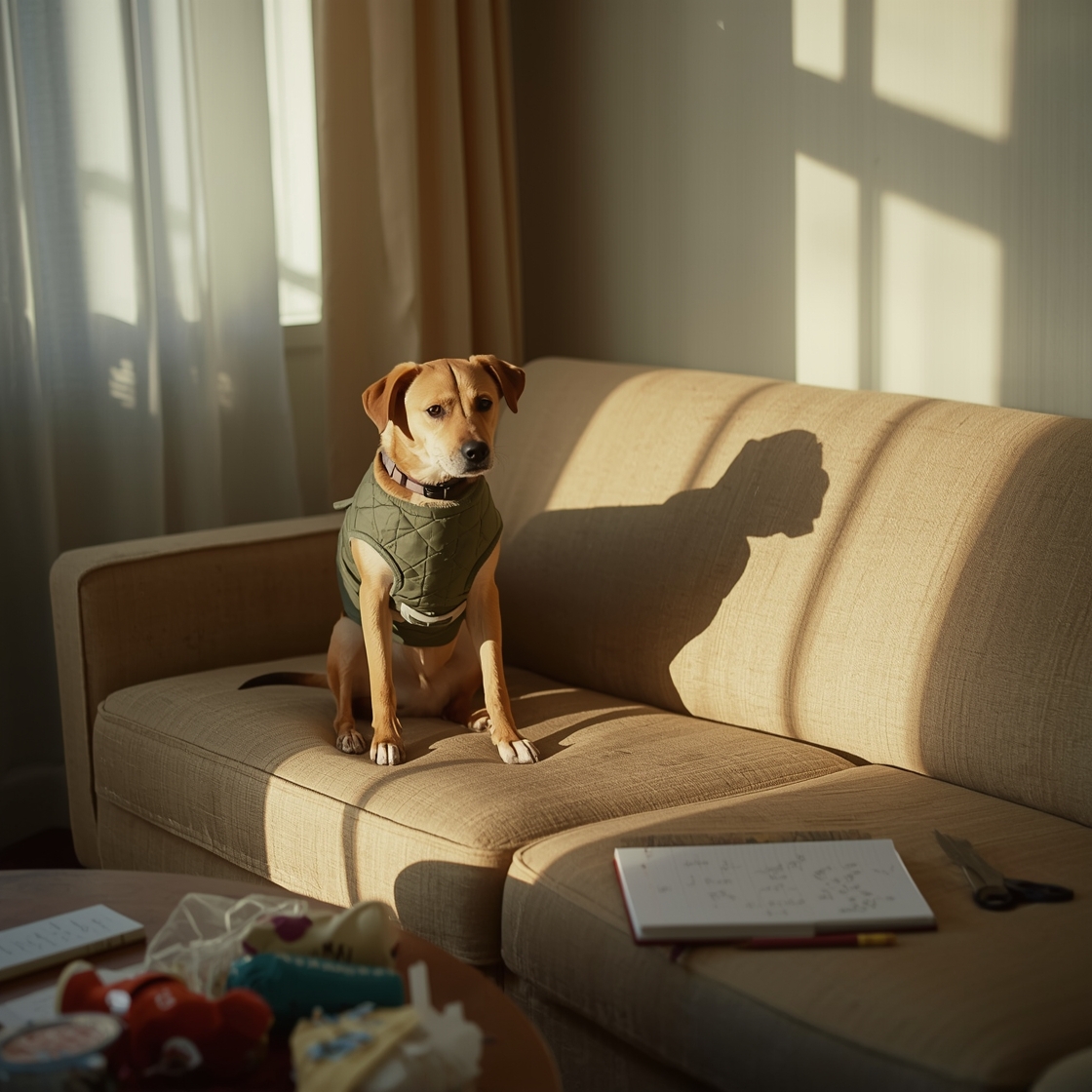 A calm dog wearing an anxiety jacket on a couch