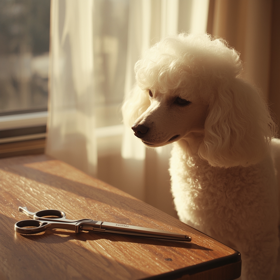Dog grooming scissors on wooden table beside fluffy white poodle