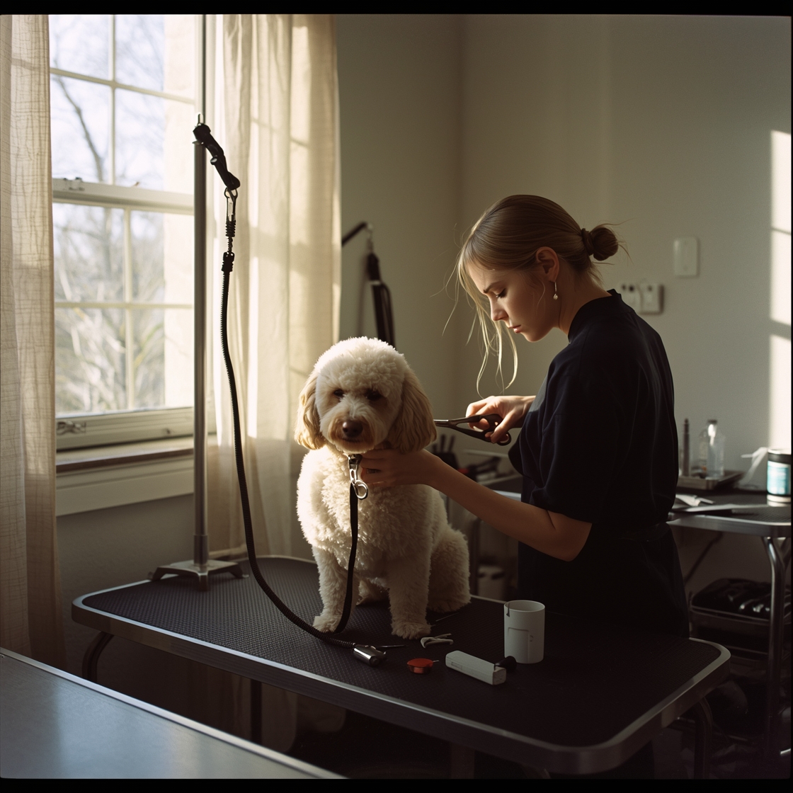 Pet groomer testing scissors on curly-haired dog in salon