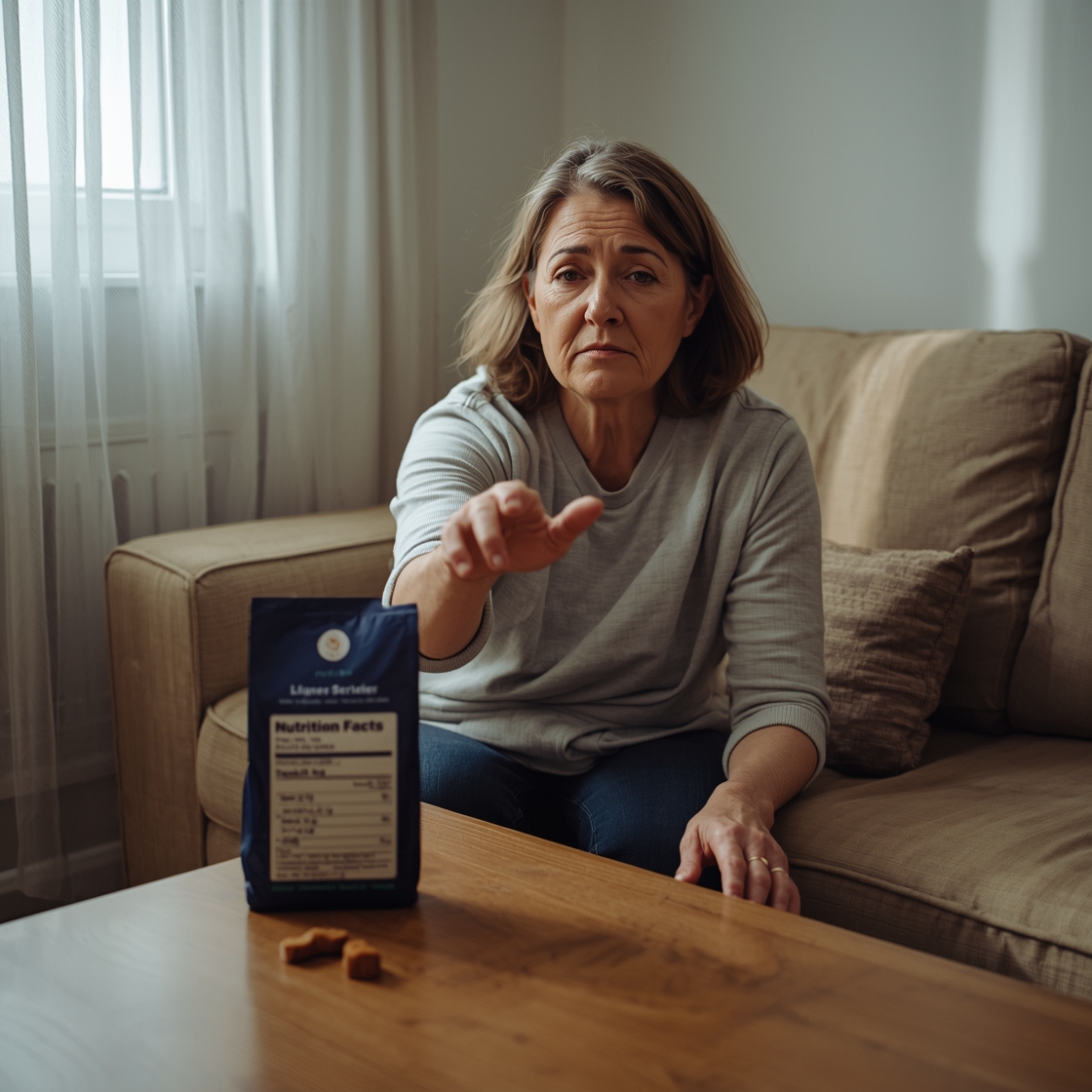 A pet owner considering dog food label scanner apps on her phone