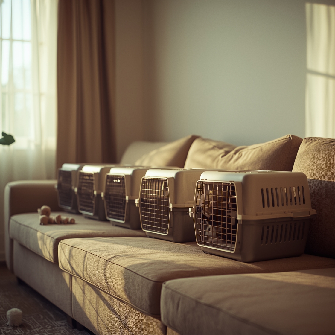 Five pet carriers side-by-side on a sofa with a curious cat