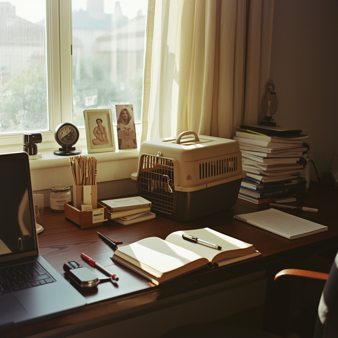 Home office workspace with pet carrier and testing equipment