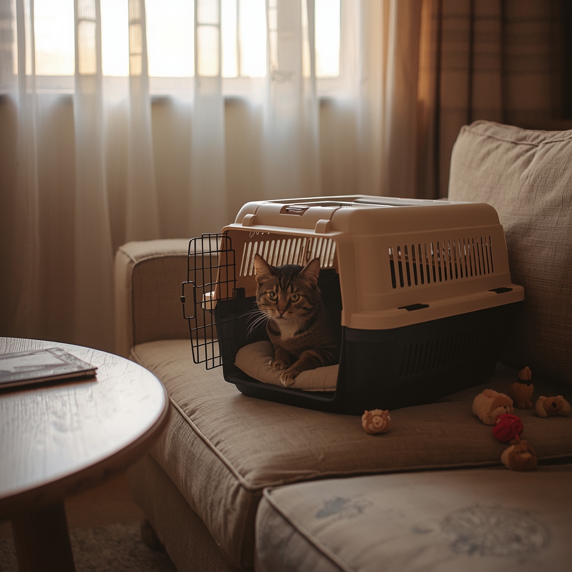 Small tabby cat in pet carrier on beige couch beside toys