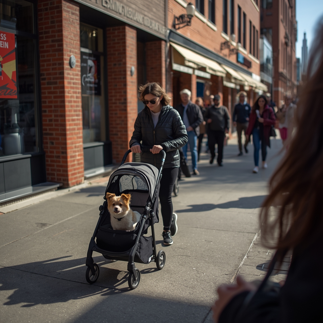 Person pushing pet stroller with small dog on city sidewalk