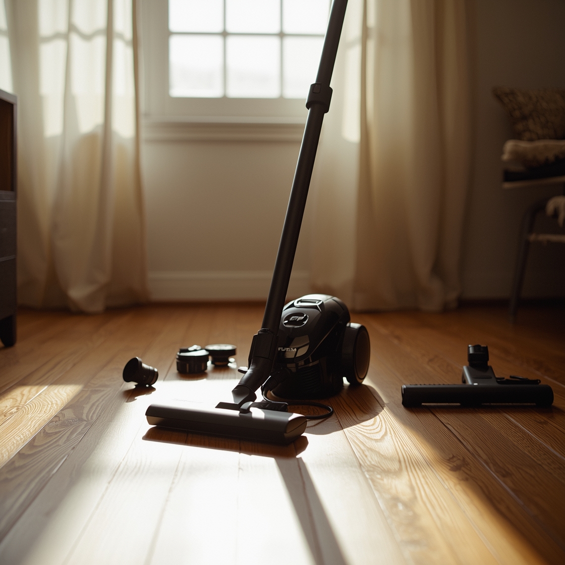 Pet grooming vacuum on hardwood floor with pet hair and tools