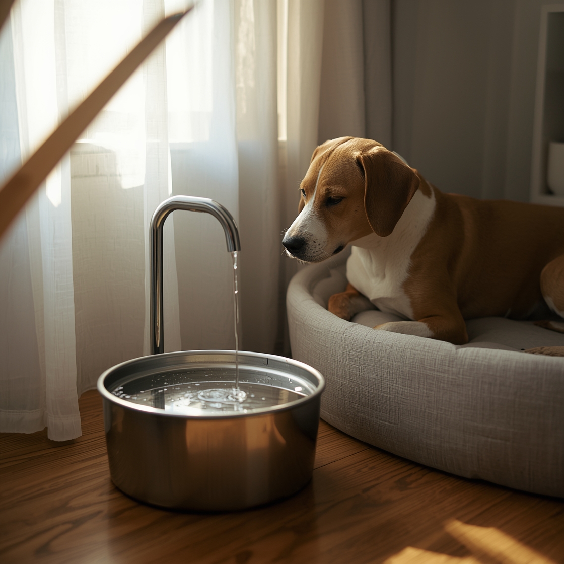Stainless steel dog water fountain on wooden floor beside dog bed