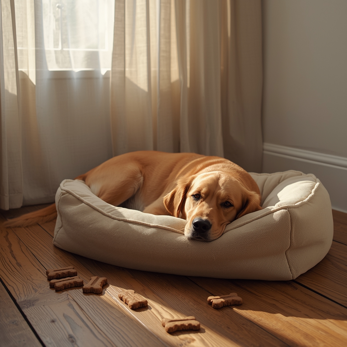 A calm golden retriever surrounded by dog calming treats on floor