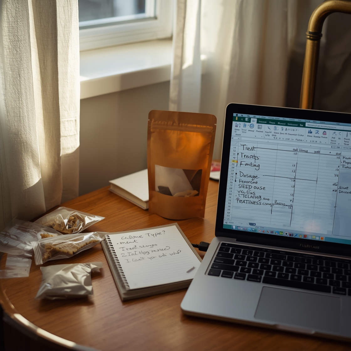 Cluttered home office desk with calming dog treats and notes
