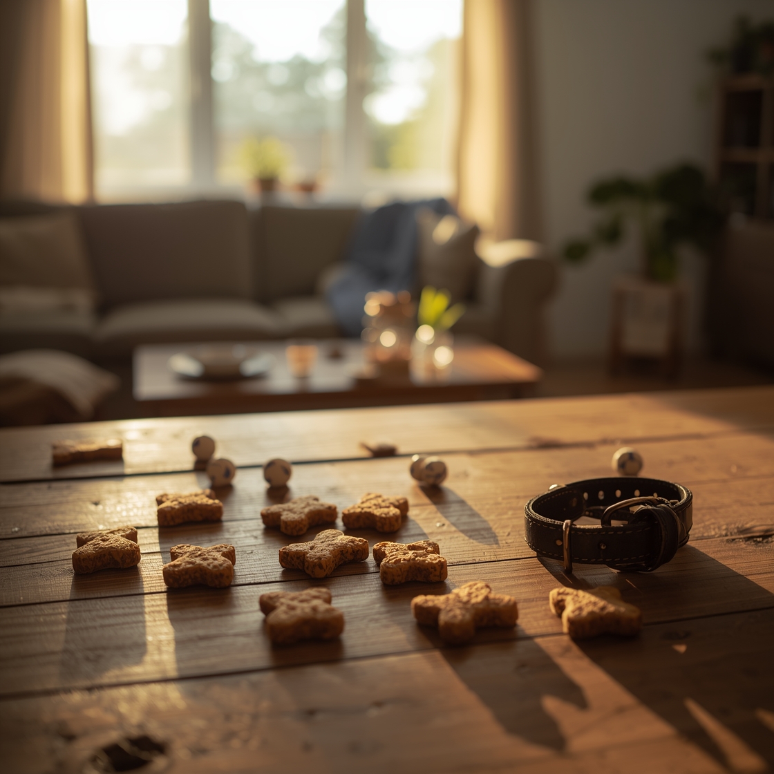 calming dog treats arranged on a rustic wooden kitchen countertop