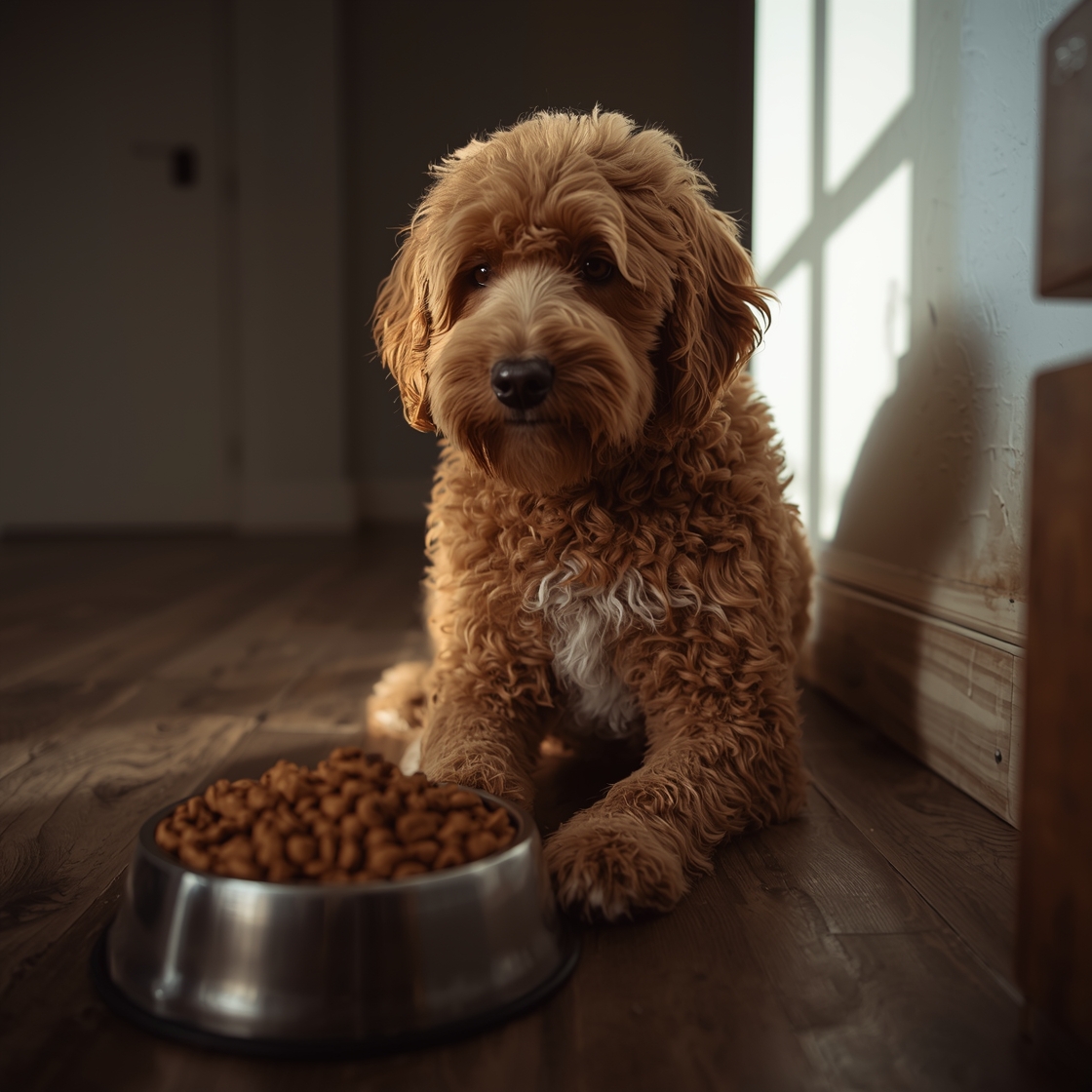 A curly-coated labradoodle sitting beside a bowl of hypoallergenic dog food
