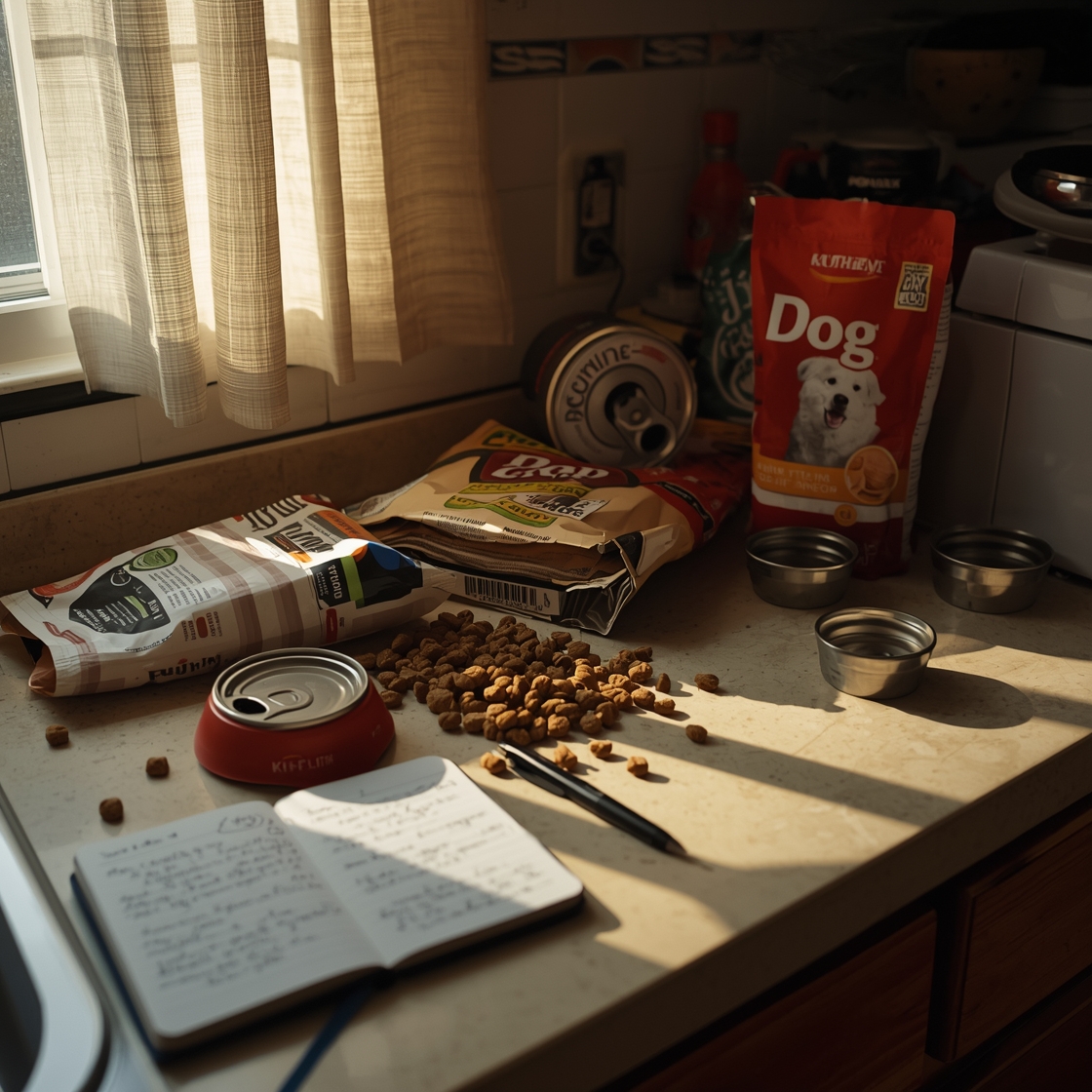 Cluttered kitchen counter with dog food and notes