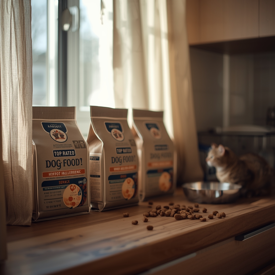 Assortment of hypoallergenic dog food bags on kitchen counter