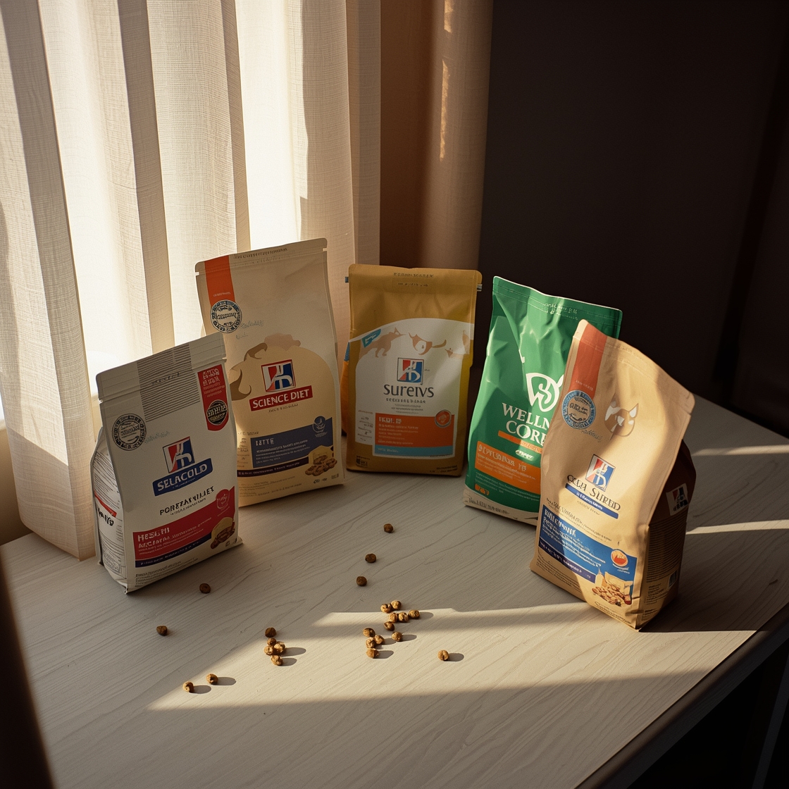 Flat lay of top dry cat food brands for indoor cats comparison