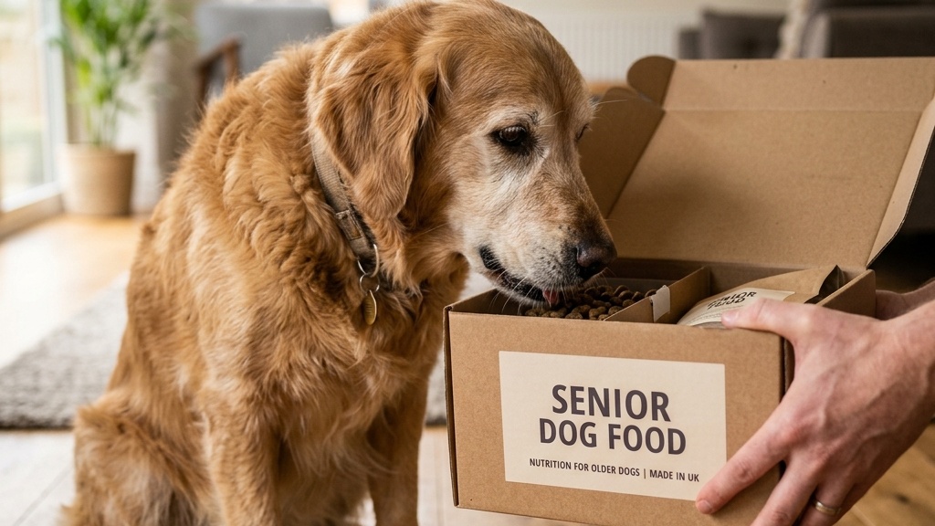 A senior Golden Retriever happily eating from a Senior Dog Food subscription box