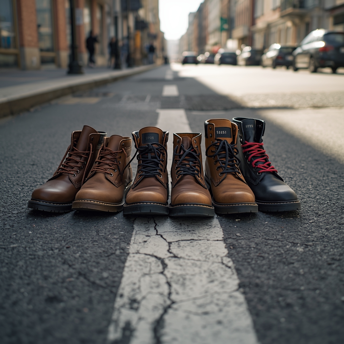 Five dog boots on hot asphalt city street