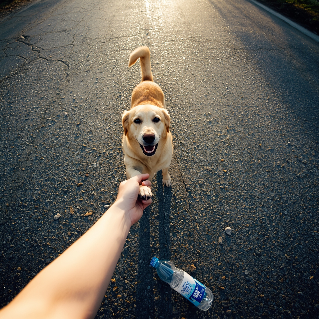 hand holding dog's paw on hot asphalt road