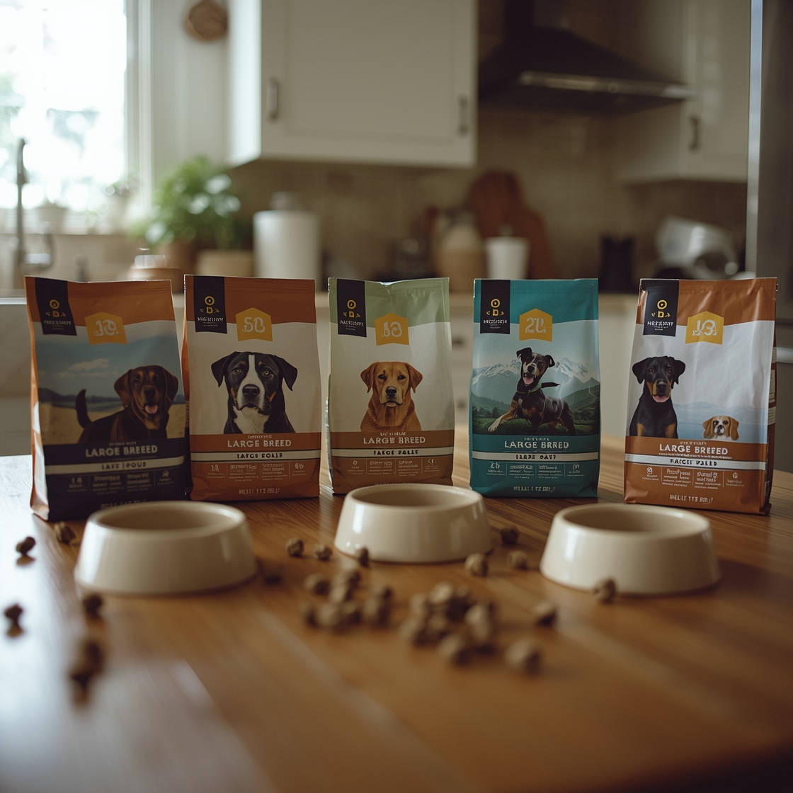 A comparison of five large breed dog food bags on a table