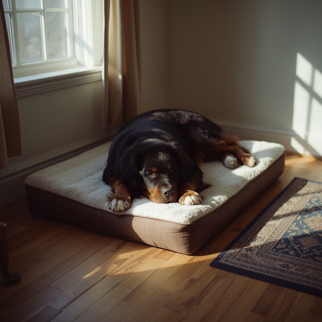 Large breed dog lying on orthopedic dog bed with joint support