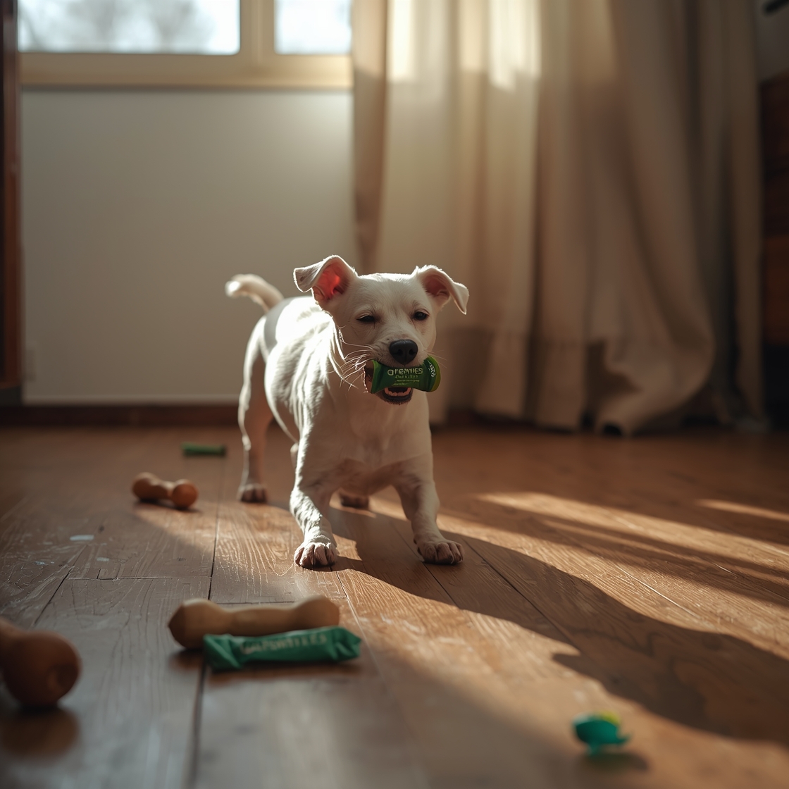 Small white terrier mix with dental chew on wooden floor