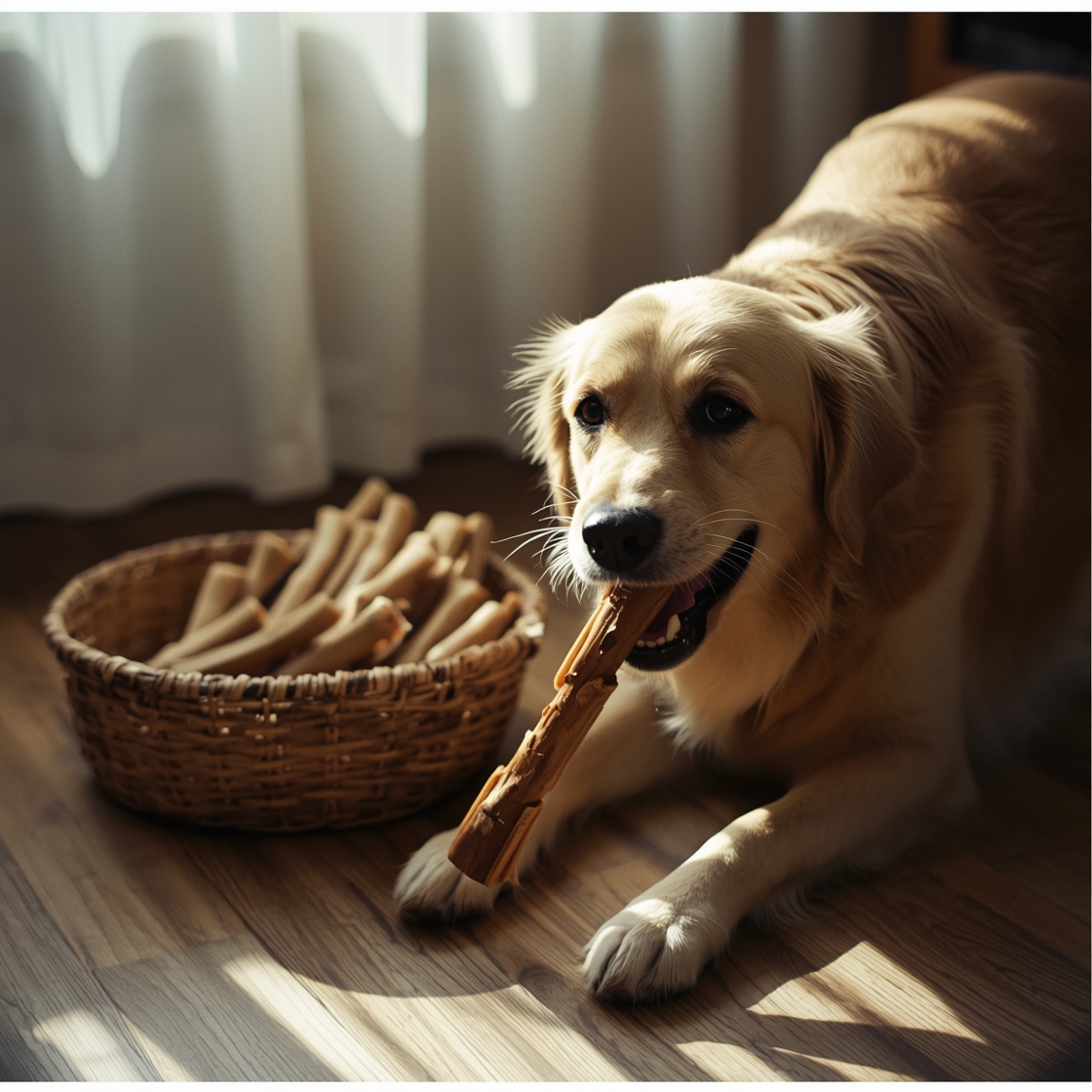 Golden retriever enjoying a dental chew on wooden floor