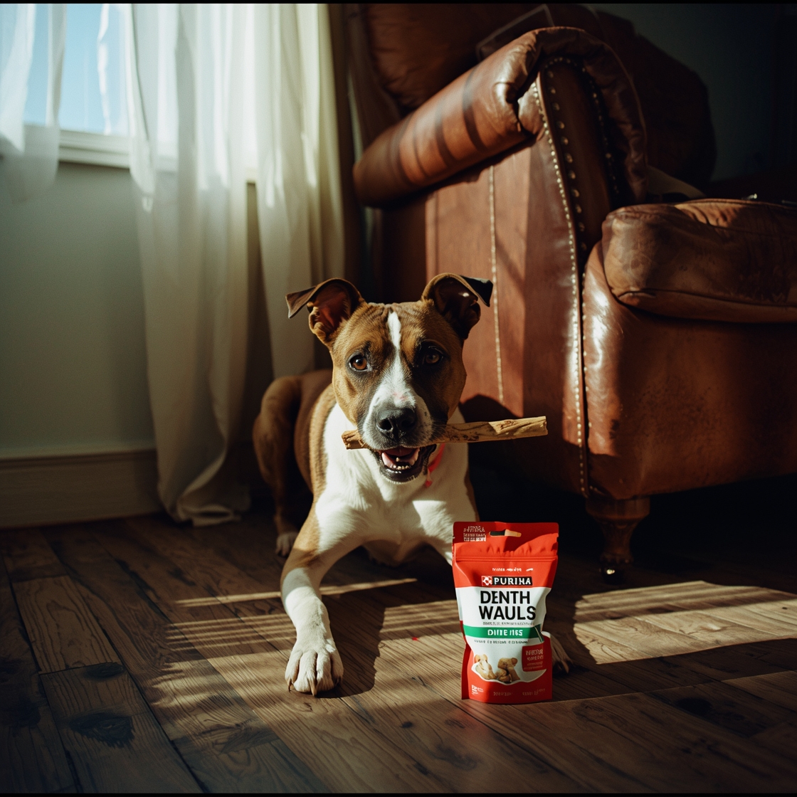A dog chewing on Purina Pro Plan Dental Chew stick on wooden floor