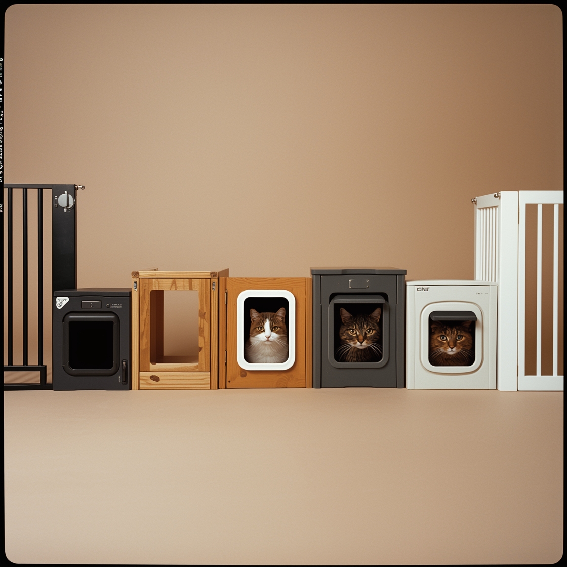 Assortment of pet gates with cat doors on neutral background