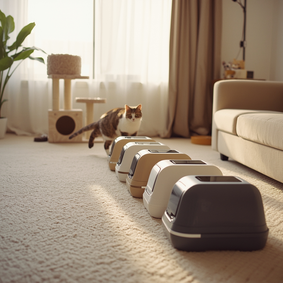 modern automatic cat litter box in a home setting