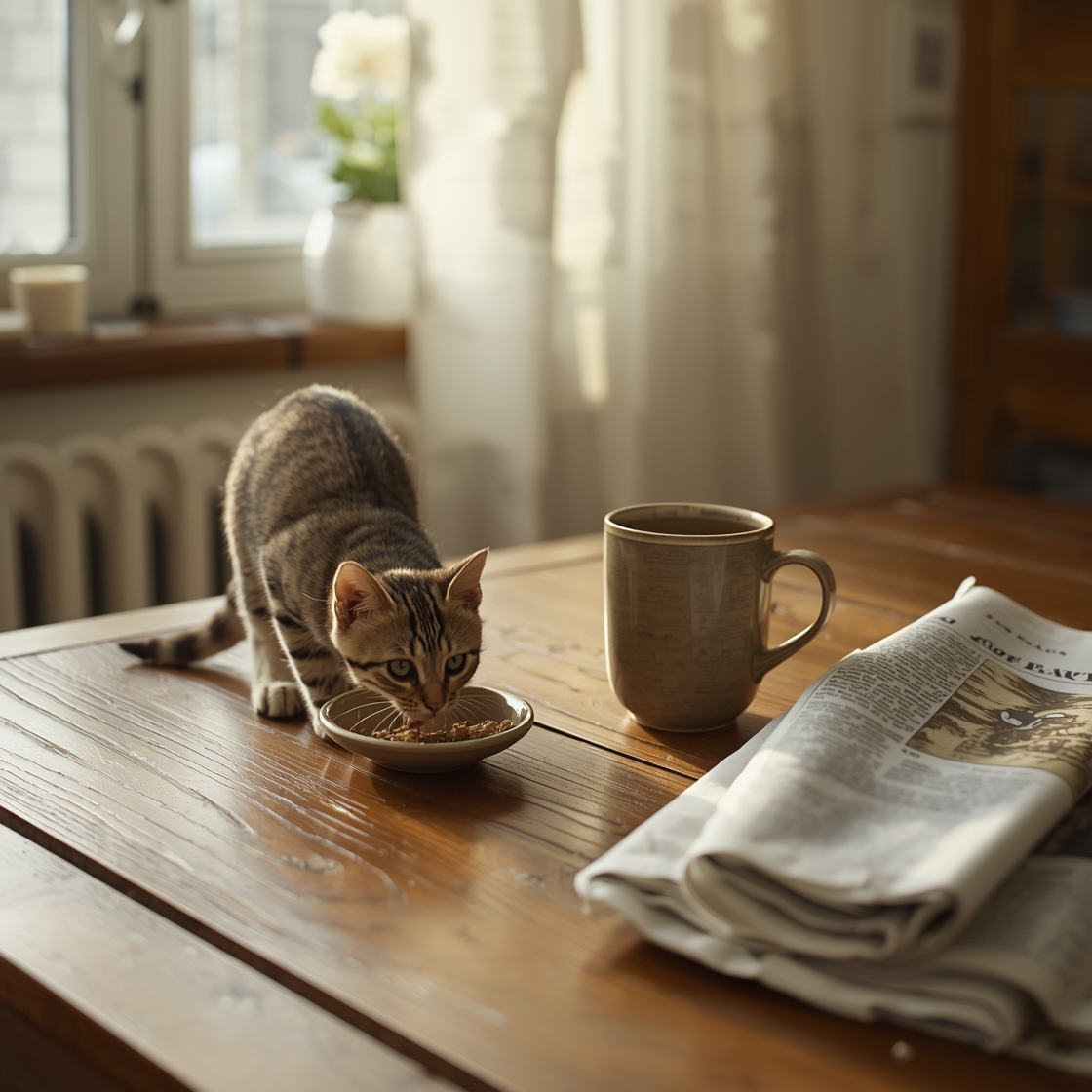 kitten eating from ceramic dish on rustic farmhouse table