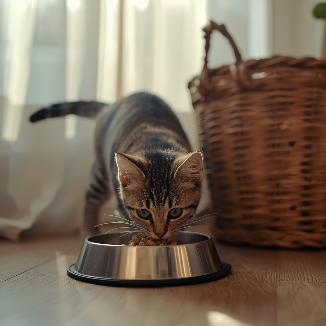 Tabby kitten eating dry food from stainless steel bowl on wooden floor