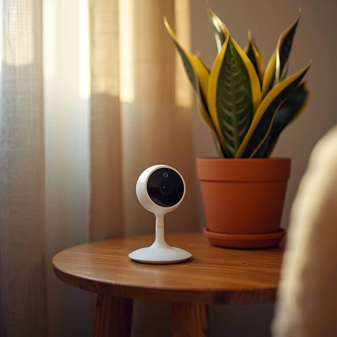 Smart pet camera on a wooden side table in a living room