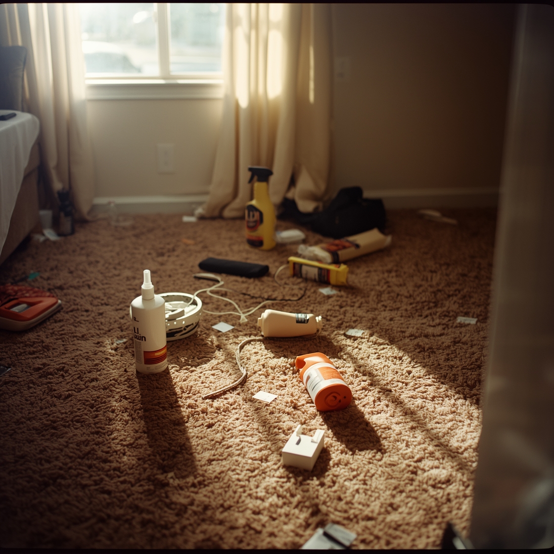 Carpet cleaners and cleaning solutions on a messy carpeted floor