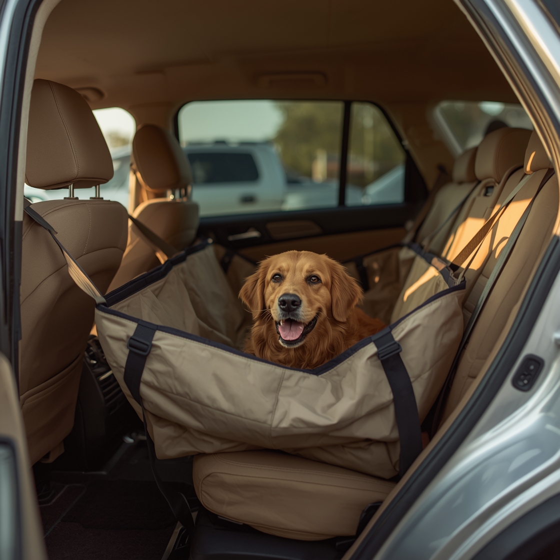 Dog car hammock in SUV back seat with happy golden retriever