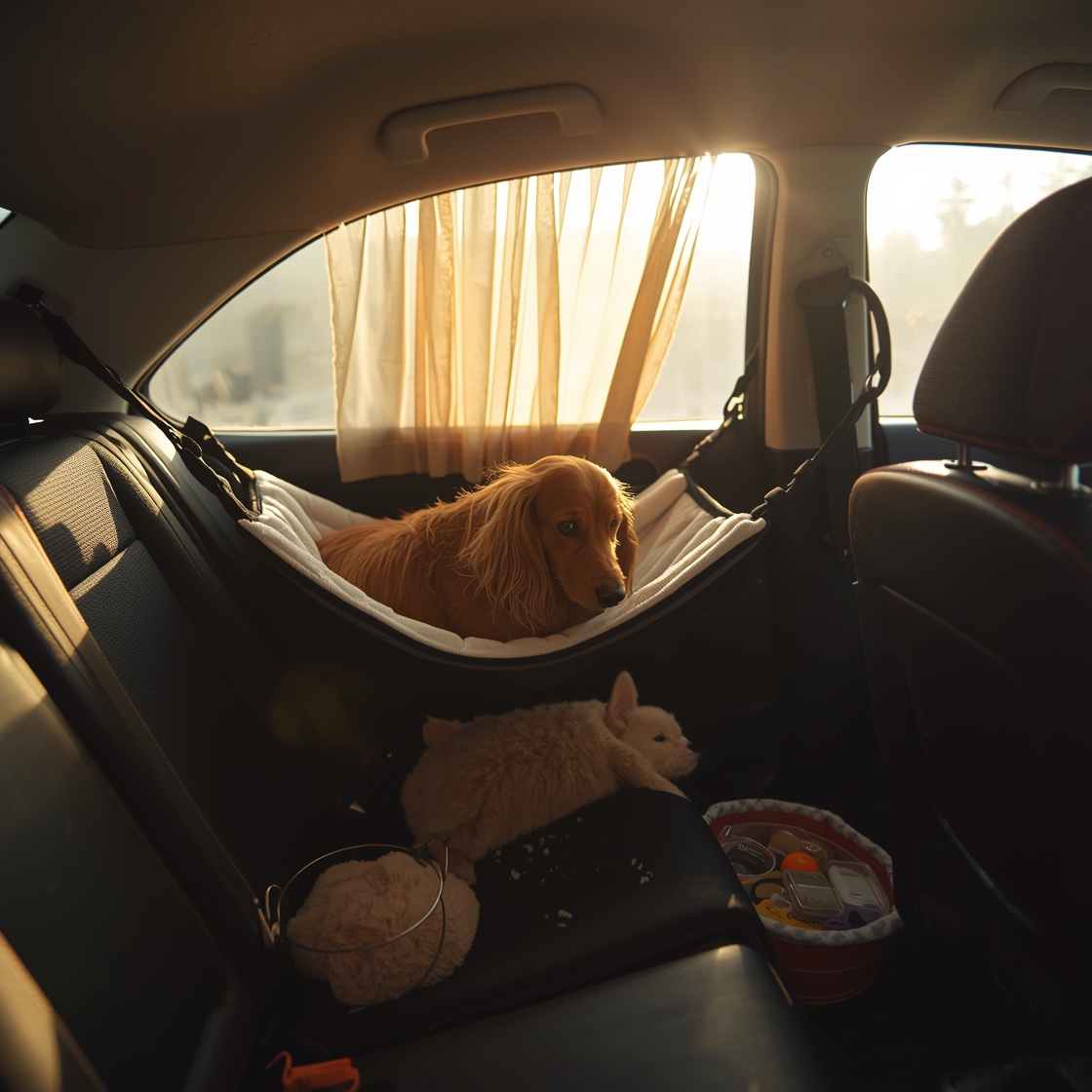 Dog car hammock installed in a messy car backseat