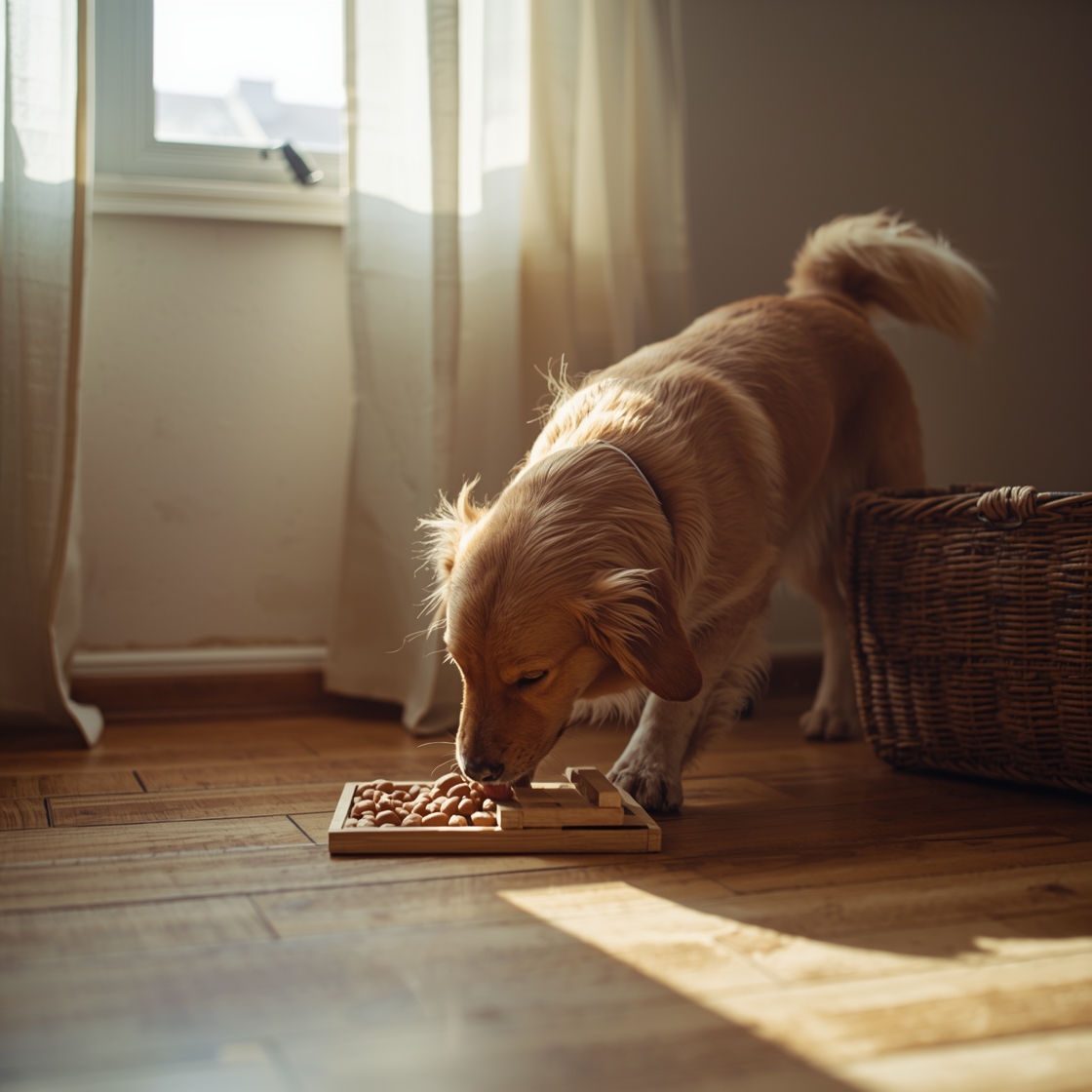 Golden retriever playing with dog puzzle toy on wooden floor