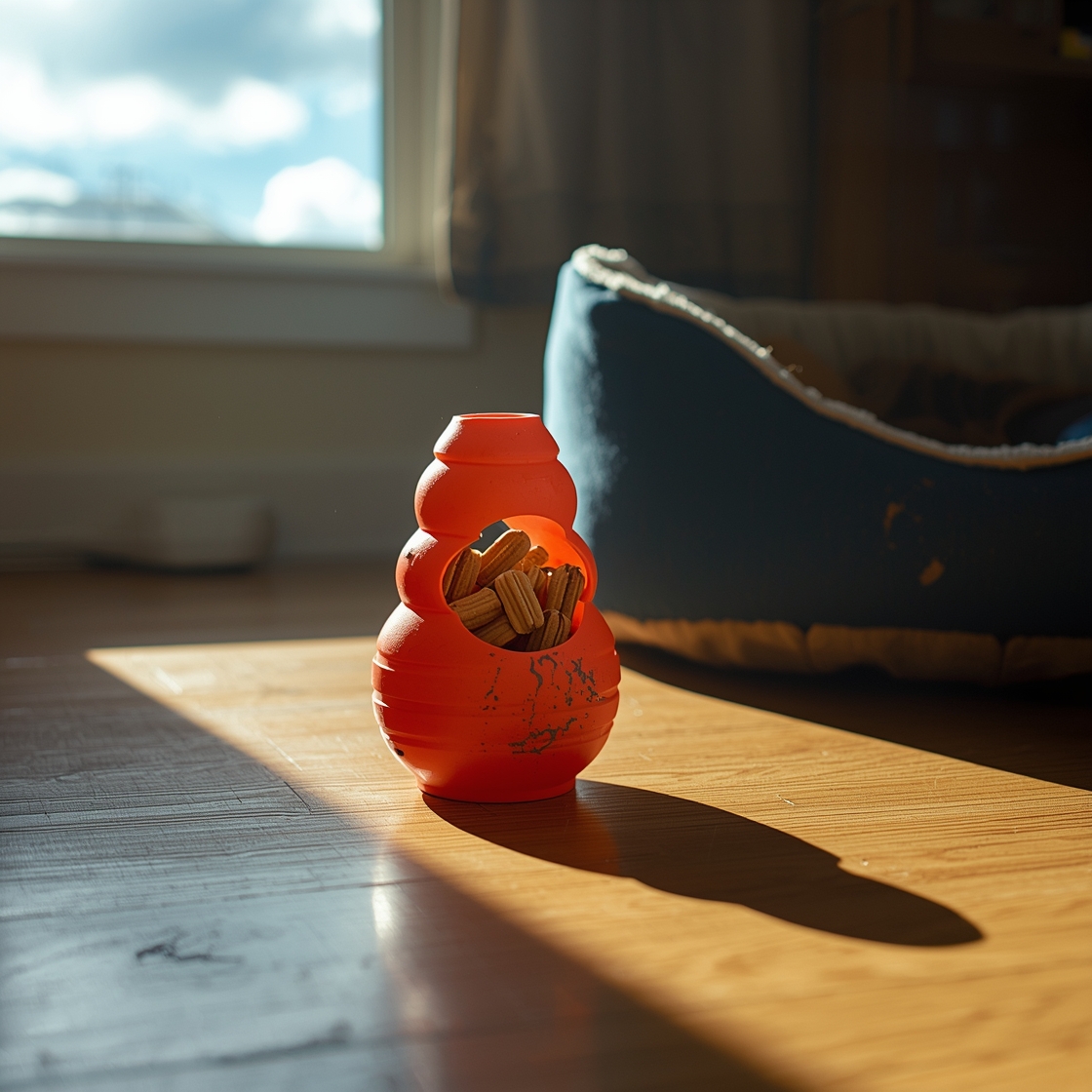 A dog puzzle toy on a hardwood floor beside a dog bed