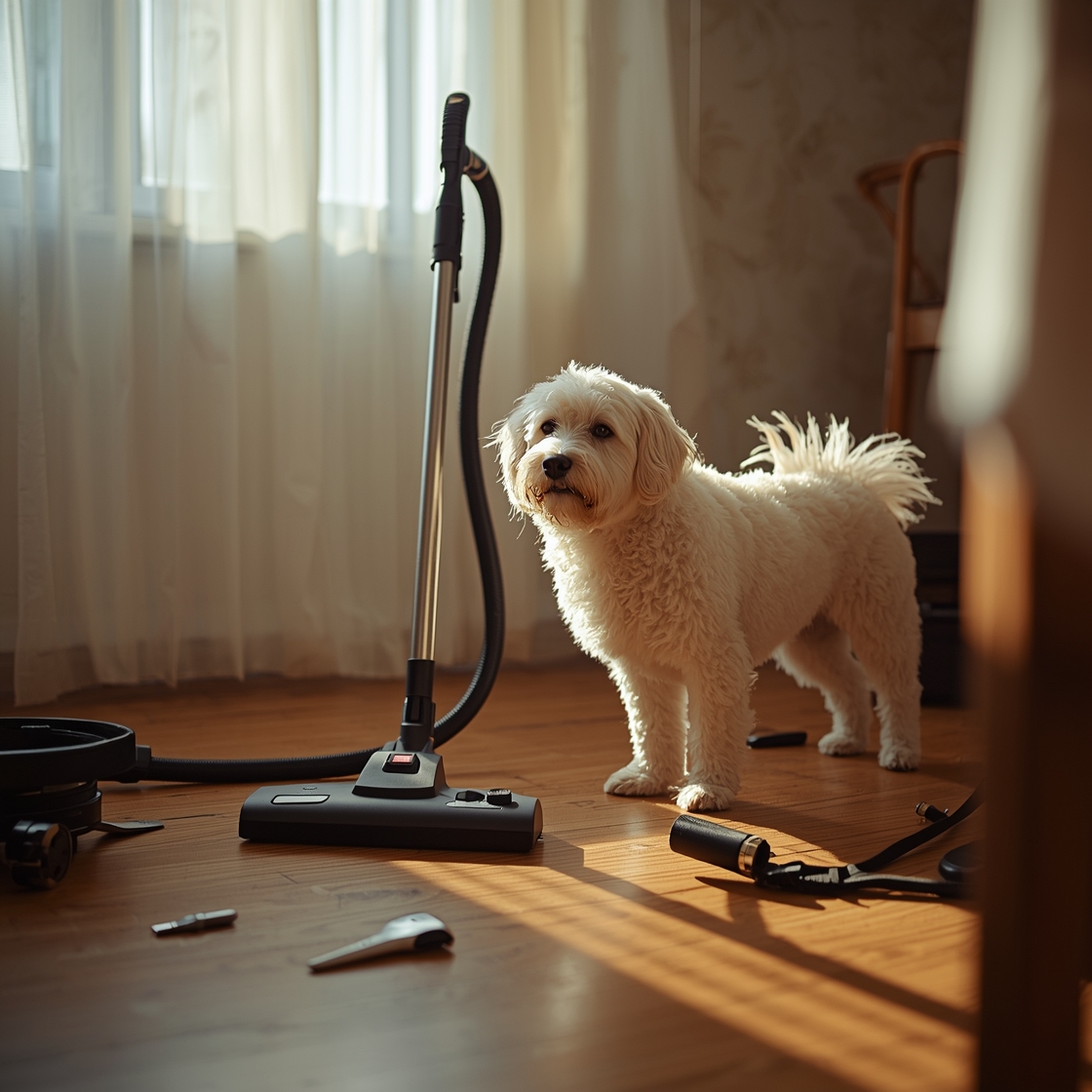 Dog grooming vacuum beside a fluffy white dog on wooden floor