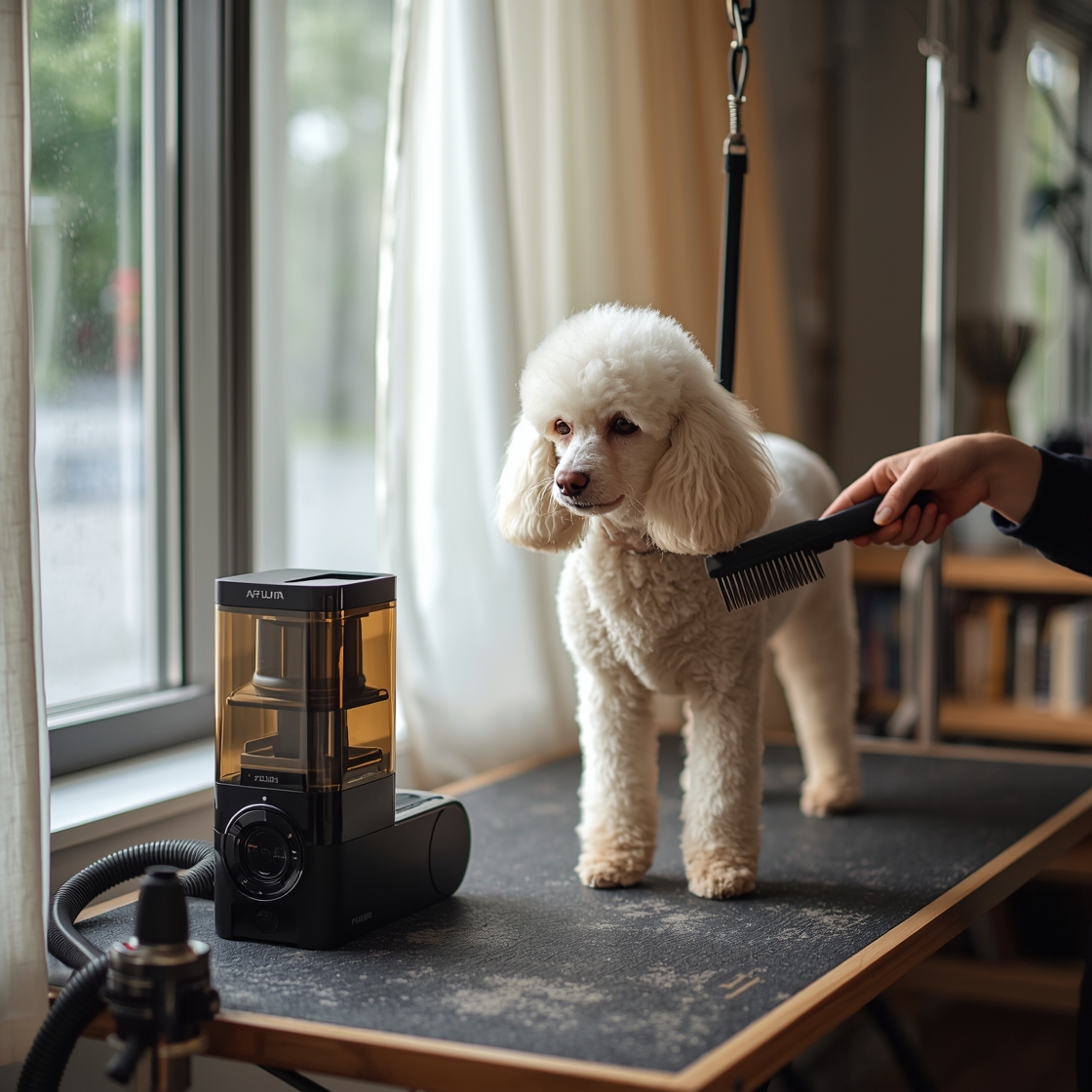 Cordless dog grooming vacuum on a wooden table beside a poodle