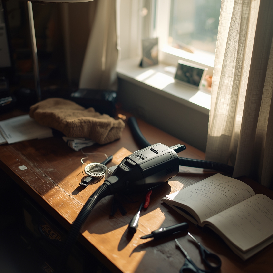 Dog grooming vacuum on a cluttered workspace with pet hair