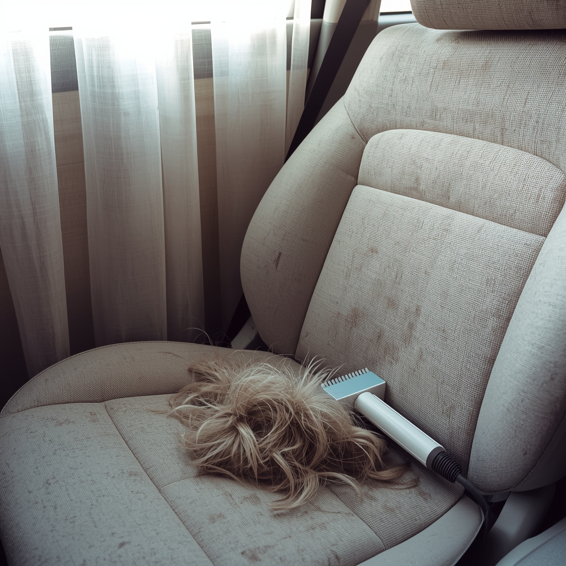 Pet hair remover brush on car seat with collected fur