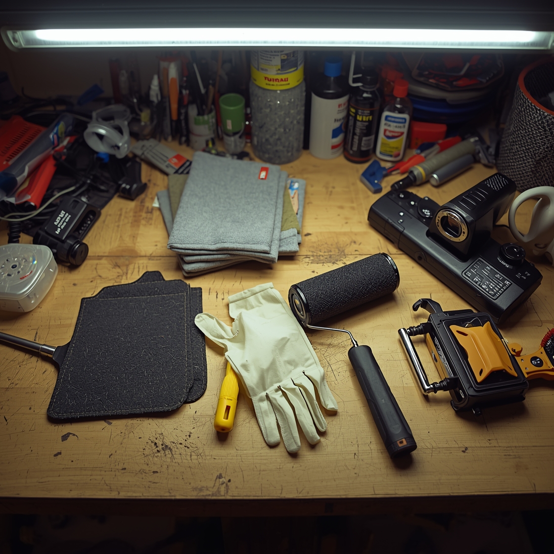 Cluttered workbench with pet hair remover tools and car upholstery samples