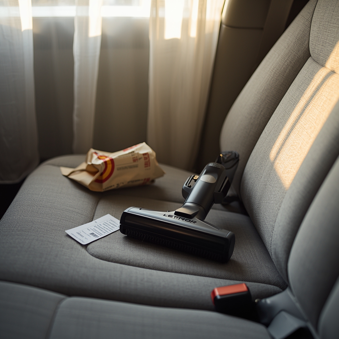 Pet hair remover tools on car seat upholstery