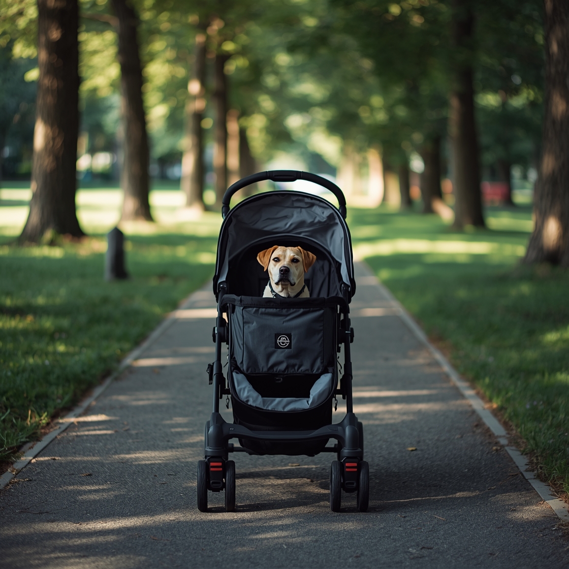 A medium-sized dog comfortably riding in a sturdy dog stroller