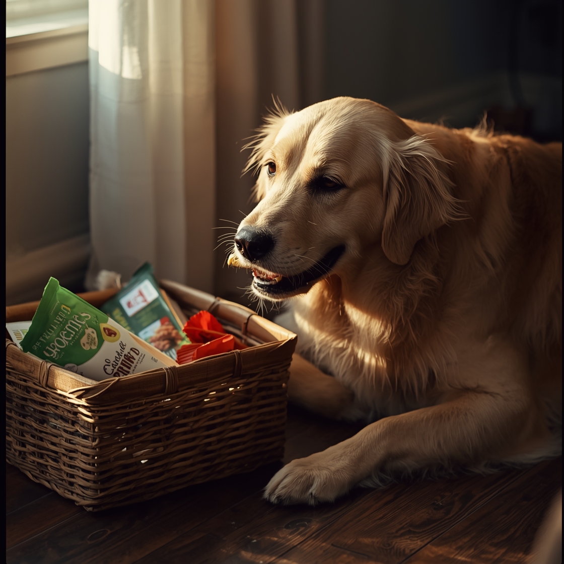 Senior dog chewing dental chew on wooden floor