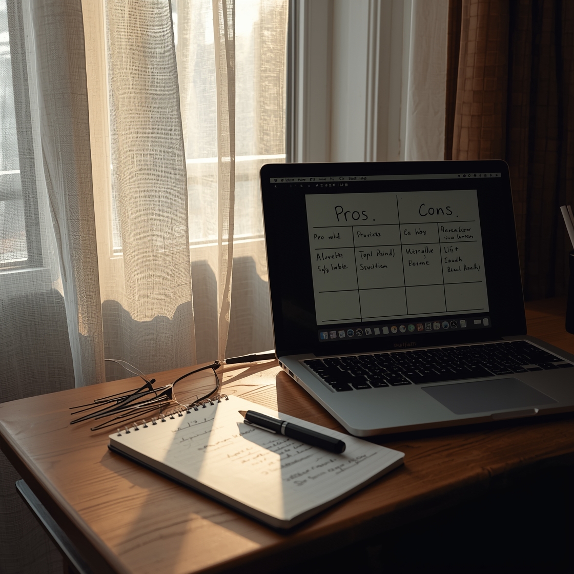 Pros and cons comparison on a desk with laptop and notepad