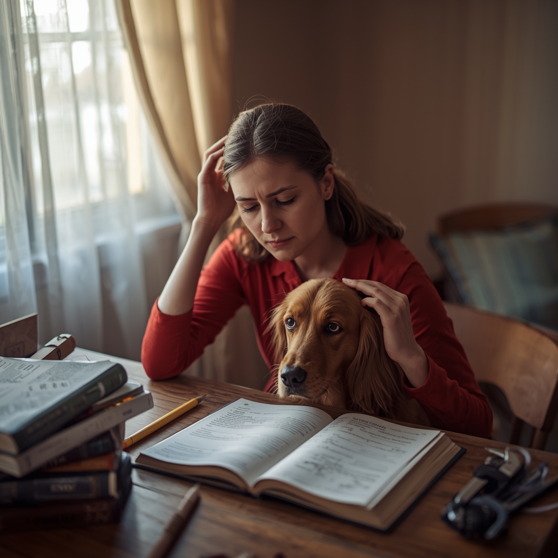 Woman with dog at desk with grooming tools looking confused