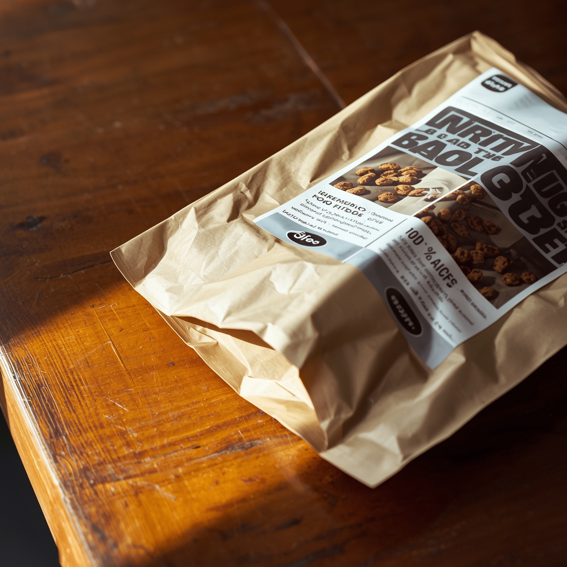 Close-up of a dog food label on a brown paper bag