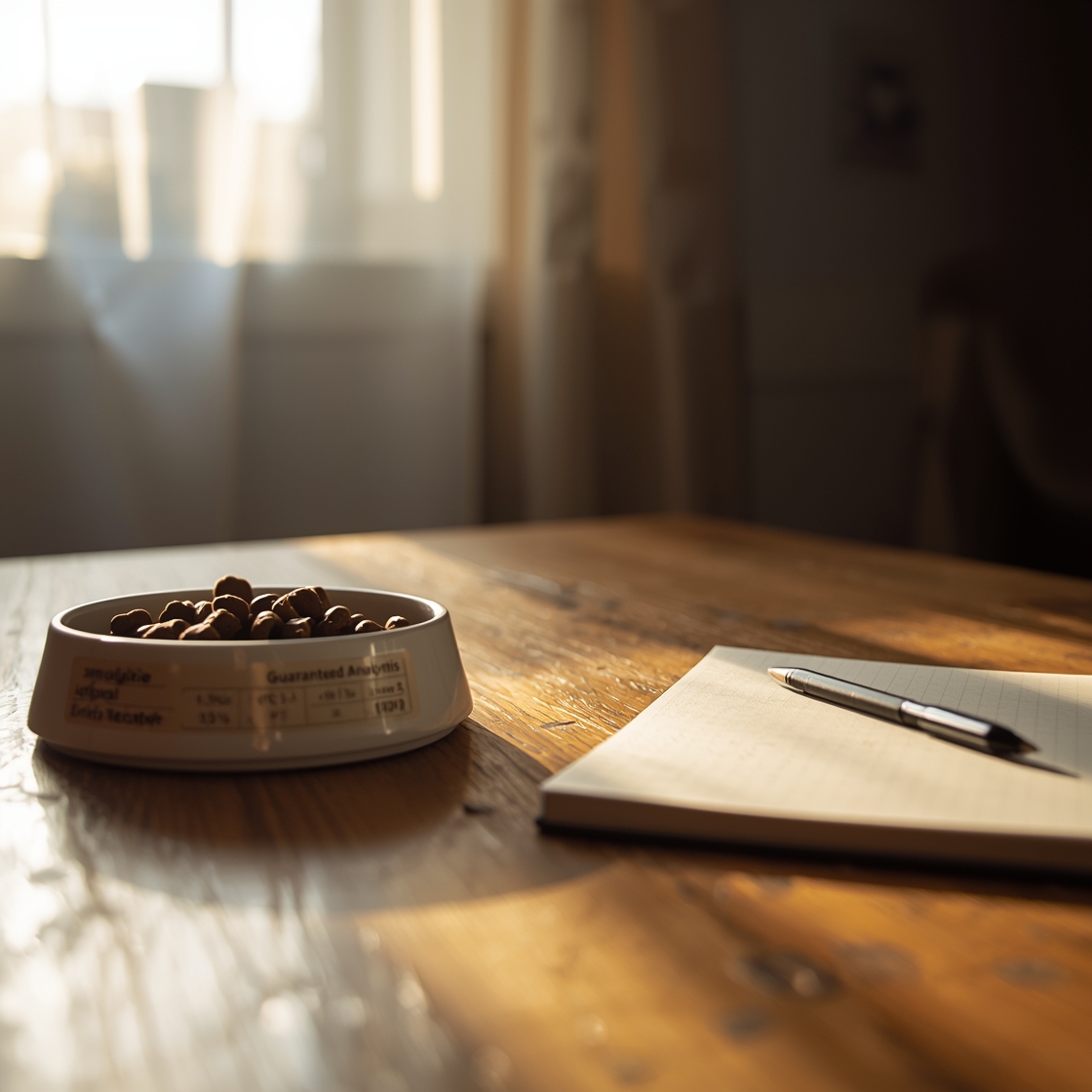 Close-up of dog food label Guaranteed Analysis section on wooden table
