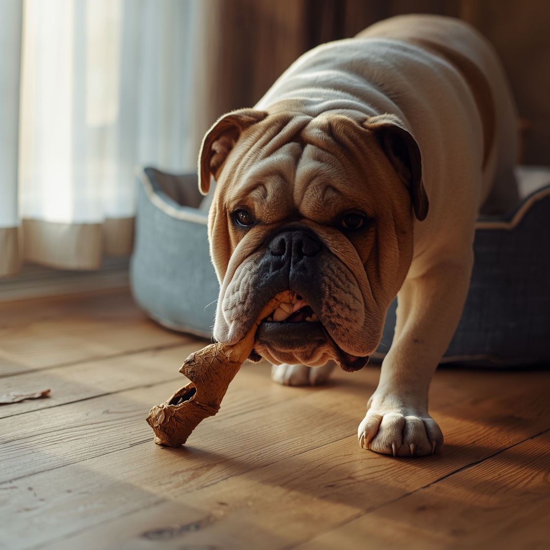 Large bulldog chewing on dental chew on wooden floor