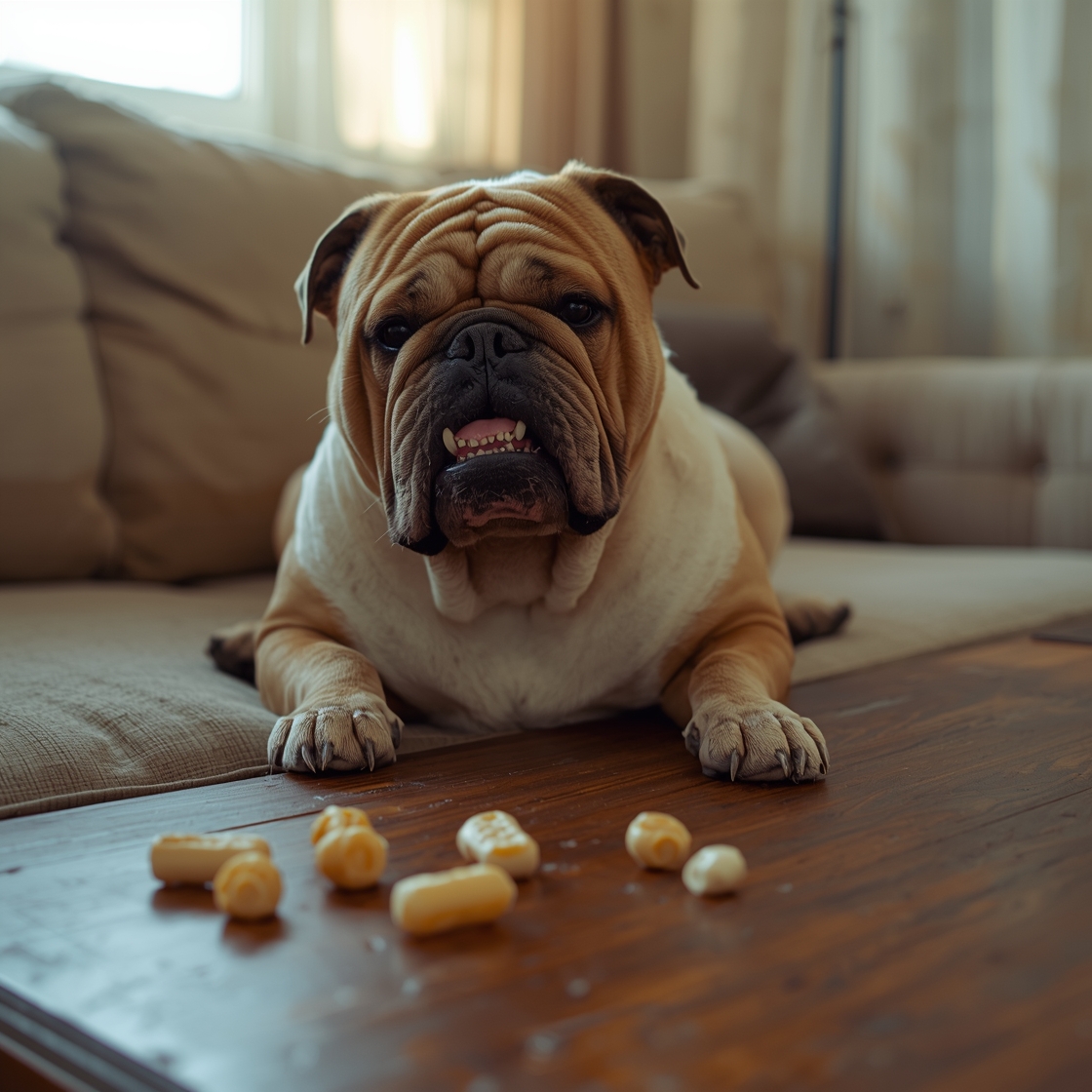 Bulldog sitting beside dental chews on a coffee table